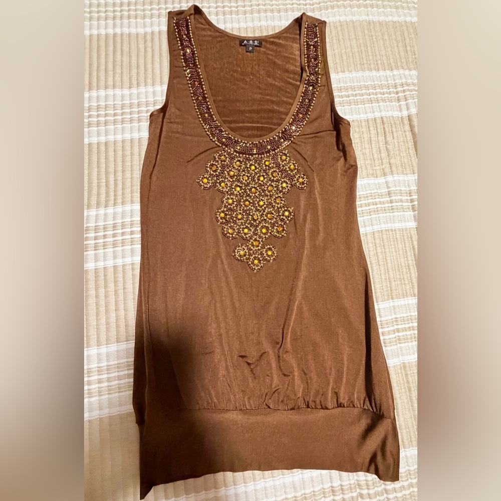 A.B.S. Allen Schwartz Embellished Tunic Top Brown Gold Beading Sz P Petite